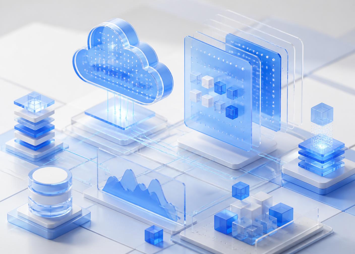 Arquitectura cloud y desarrollo de software representados en paneles de vidrio